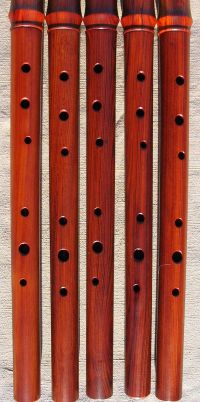 [ folk flute bodies showing different finger hole spacing ]